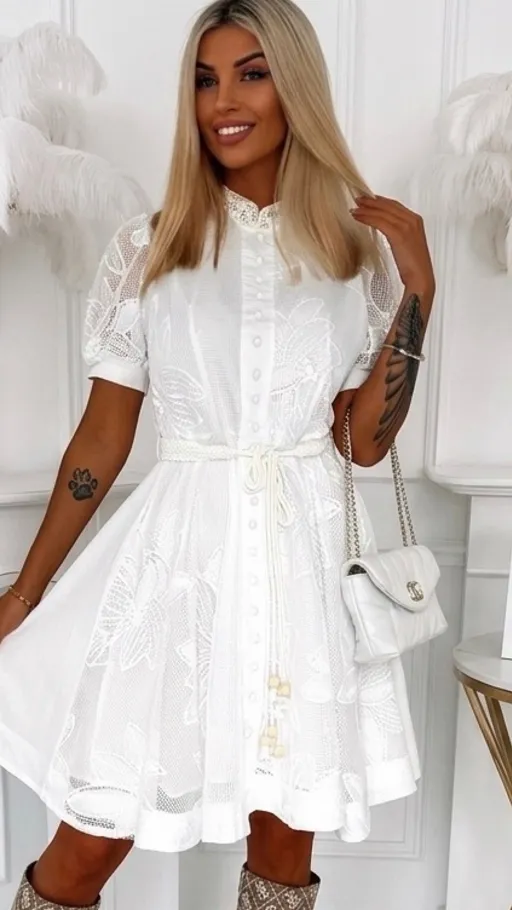 Oryginalna biała sukienka z gipiury zapinana na guziki z wiązanym paskiem - R860
