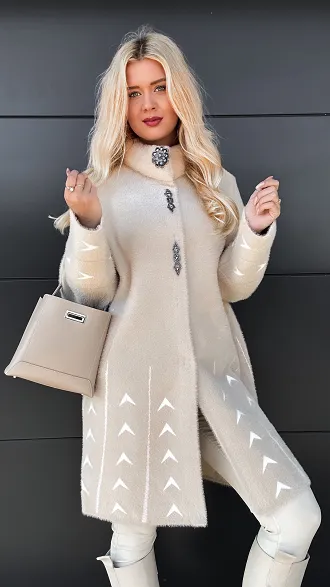 Beżowy płaszcz ALPAKA z delikatnym wzorem ONE SIZE - R049B