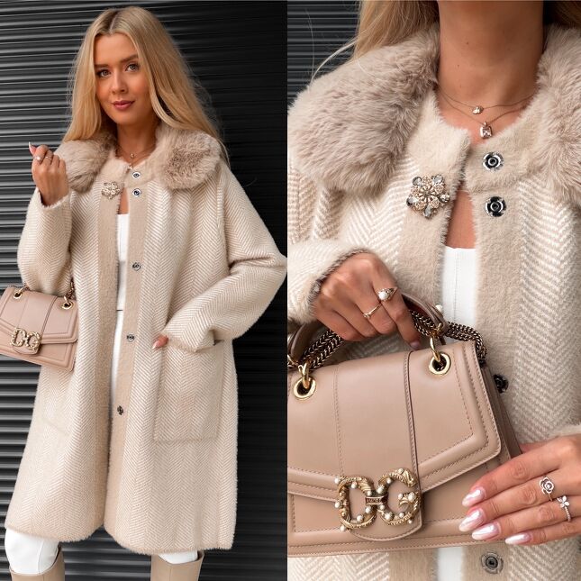 Klasyczny wełniany płaszcz ALPAKA w jodełkę ONE SIZE beżowy - S398