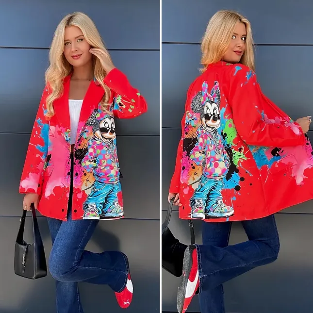 Luźna czerwona marynarka OVERSIZE z bajkowym motywem - R019B