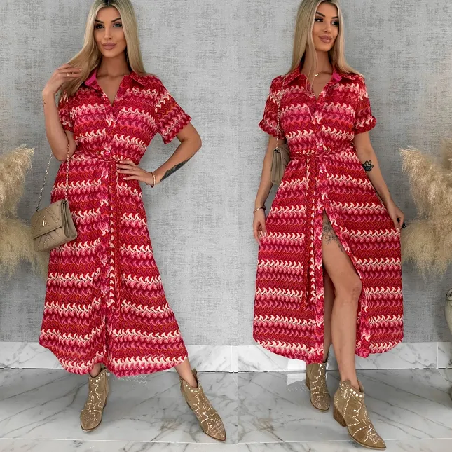 Oryginalna MAXI sukienka w modne czerwono-różowe pasy - R883