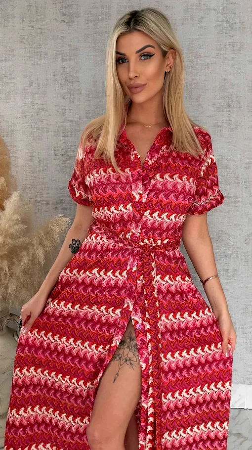 Oryginalna MAXI sukienka w modne czerwono-różowe pasy - R883