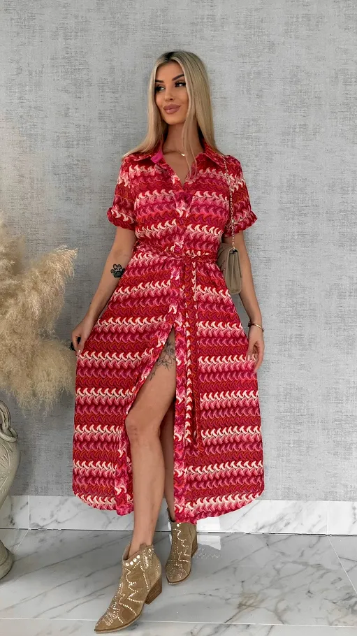 Oryginalna MAXI sukienka w modne czerwono-różowe pasy - R883