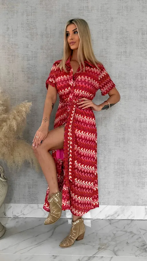 Oryginalna MAXI sukienka w modne czerwono-różowe pasy - R883