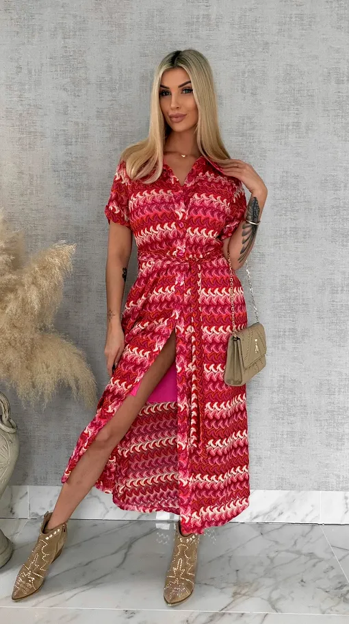 Oryginalna MAXI sukienka w modne czerwono-różowe pasy - R883