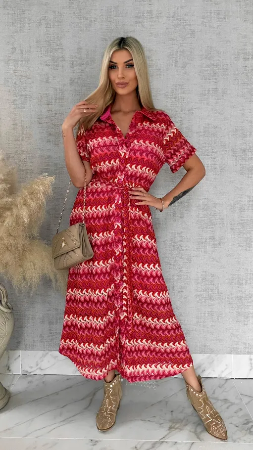 Oryginalna MAXI sukienka w modne czerwono-różowe pasy - R883