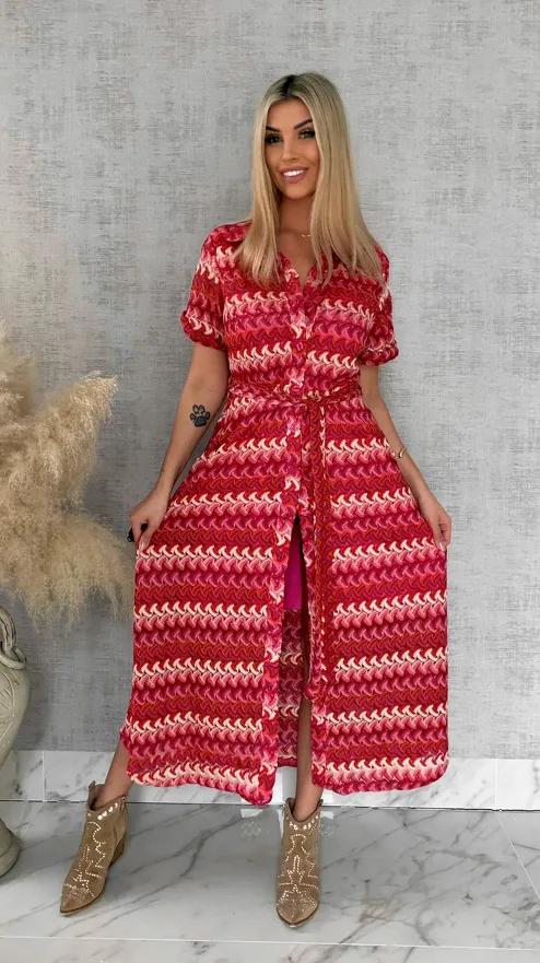 Oryginalna MAXI sukienka w modne czerwono-różowe pasy - R883