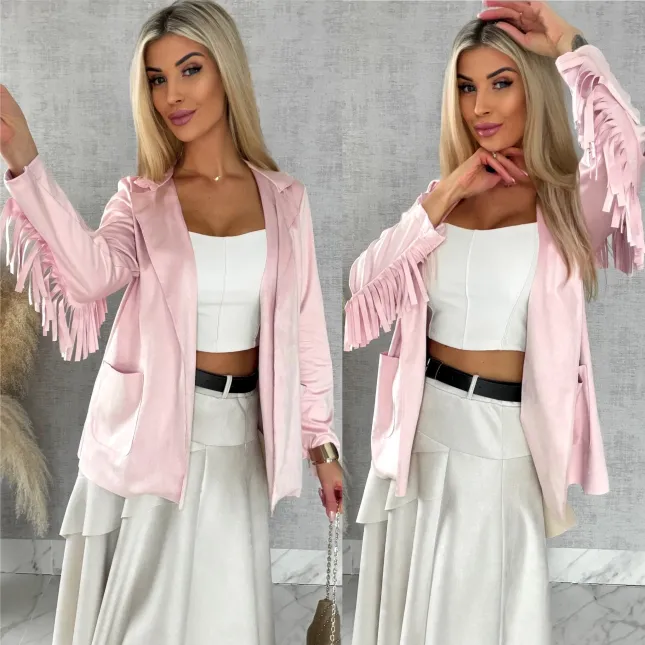 Oryginalna zamszowa narzutka z frędzlami ONE SIZE pink - R519