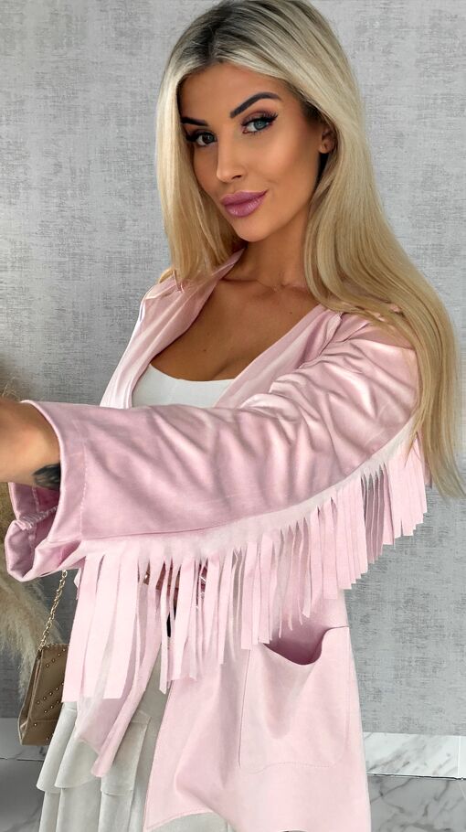 Oryginalna zamszowa narzutka z frędzlami ONE SIZE pink - R519
