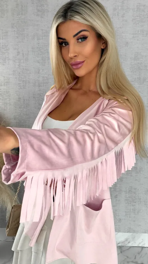 Oryginalna zamszowa narzutka z frędzlami ONE SIZE pink - R519