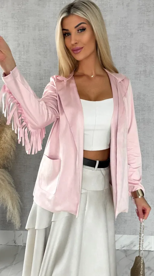 Oryginalna zamszowa narzutka z frędzlami ONE SIZE pink - R519