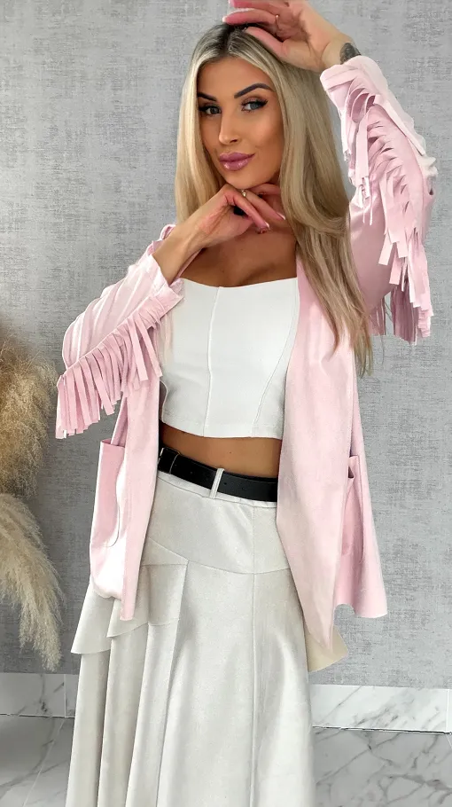 Oryginalna zamszowa narzutka z frędzlami ONE SIZE pink - R519