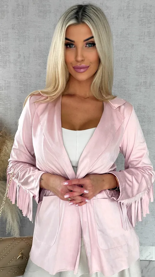 Oryginalna zamszowa narzutka z frędzlami ONE SIZE pink - R519