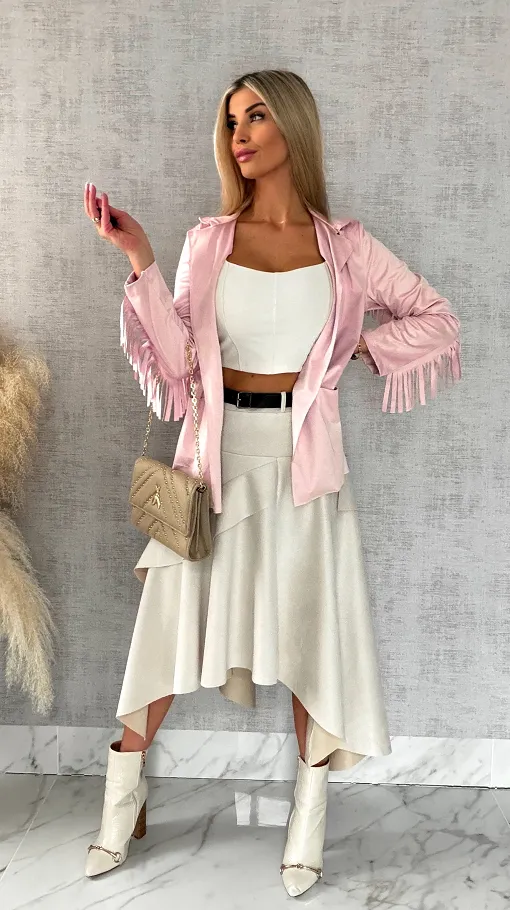 Oryginalna zamszowa narzutka z frędzlami ONE SIZE pink - R519