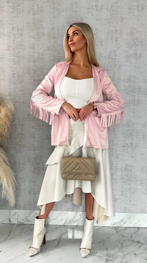 Oryginalna zamszowa narzutka z frędzlami ONE SIZE pink - R519