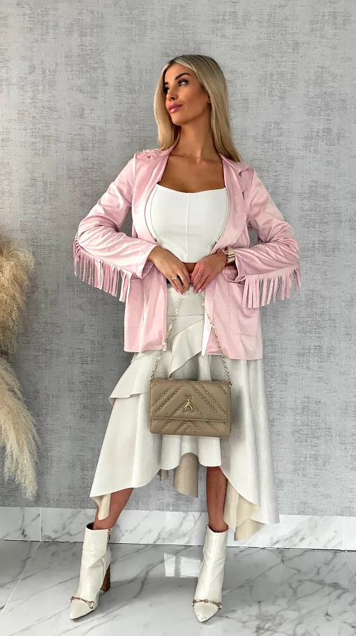 Oryginalna zamszowa narzutka z frędzlami ONE SIZE pink - R519