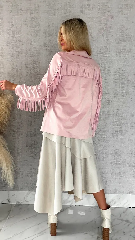 Oryginalna zamszowa narzutka z frędzlami ONE SIZE pink - R519