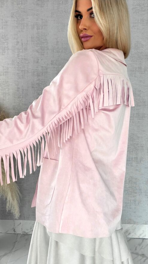 Oryginalna zamszowa narzutka z frędzlami ONE SIZE pink - R519