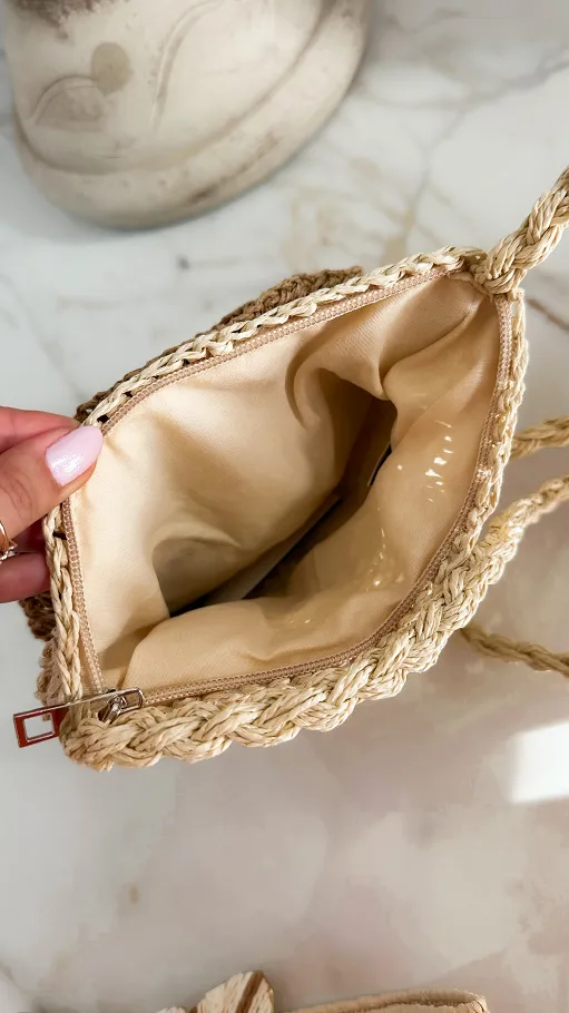 Lekka pleciona torebka z dużą RÓŻĄ beżowa - P654