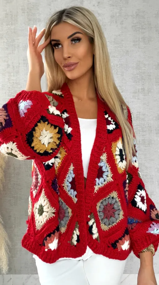 Ekskluzywna szydełkowa narzutka na wiosną ONE SIZE red - R477
