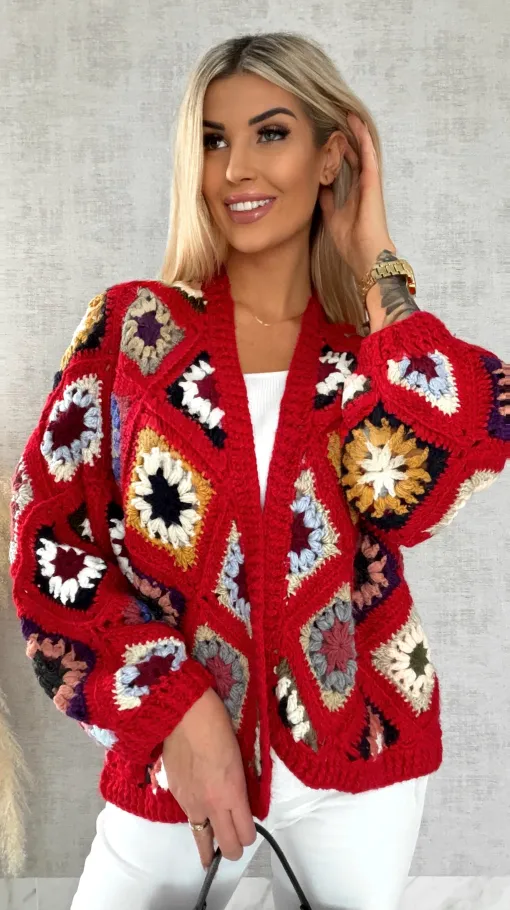 Ekskluzywna szydełkowa narzutka na wiosną ONE SIZE red - R477