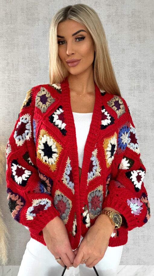 Ekskluzywna szydełkowa narzutka na wiosną ONE SIZE red - R477