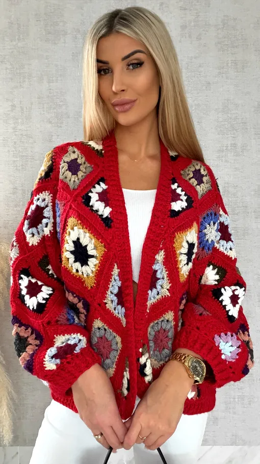 Ekskluzywna szydełkowa narzutka na wiosną ONE SIZE red - R477