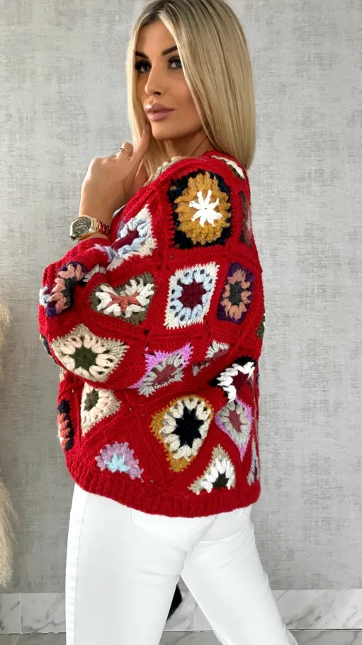 Ekskluzywna szydełkowa narzutka na wiosną ONE SIZE red - R477