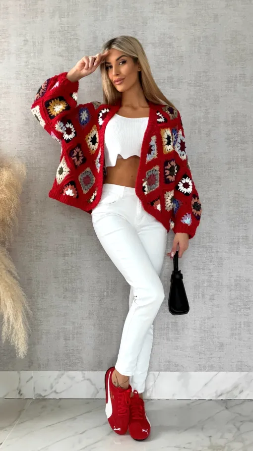 Ekskluzywna szydełkowa narzutka na wiosną ONE SIZE red - R477