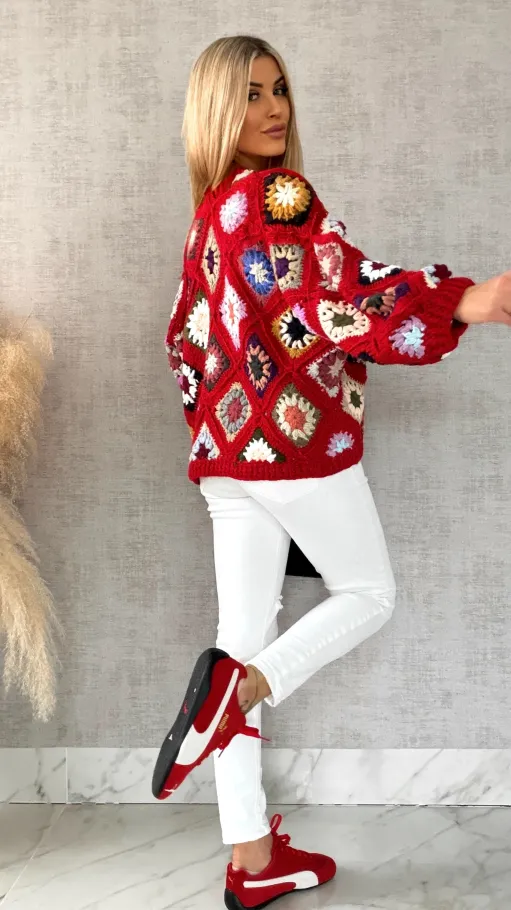 Ekskluzywna szydełkowa narzutka na wiosną ONE SIZE red - R477