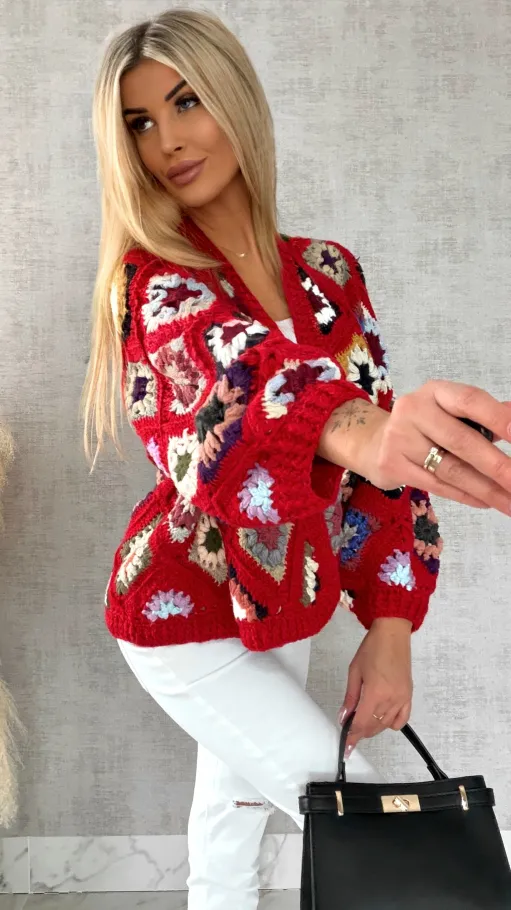 Ekskluzywna szydełkowa narzutka na wiosną ONE SIZE red - R477