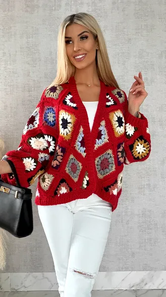 Ekskluzywna szydełkowa narzutka na wiosną ONE SIZE red - R477