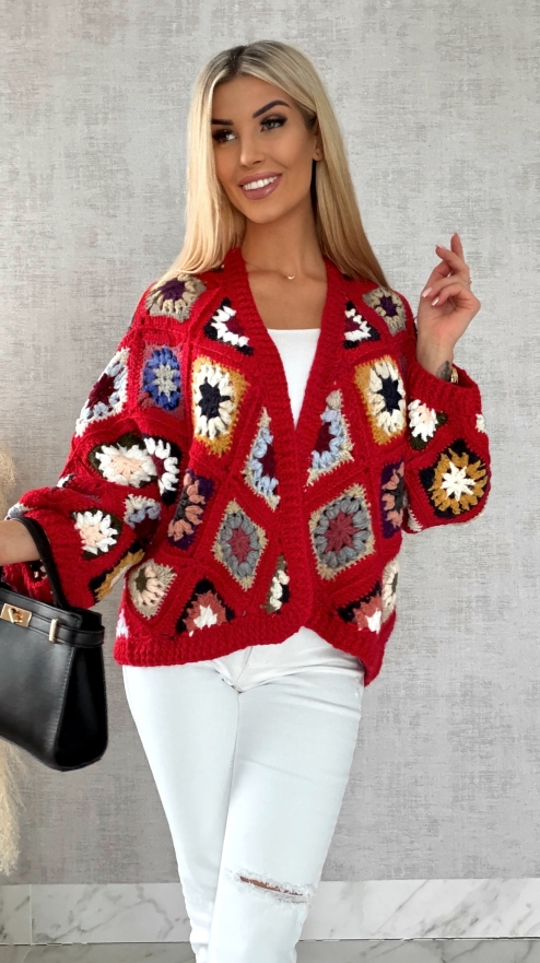Ekskluzywna szydełkowa narzutka na wiosną ONE SIZE red - R477