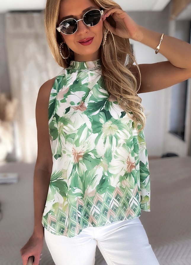 Elegancka bluzka na ramiączkach w kwiaty ZIELONA - N035