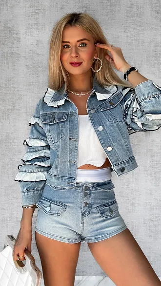 Jeansowa katana zdobiona białymi falbankami JASNY JEANS - P589A