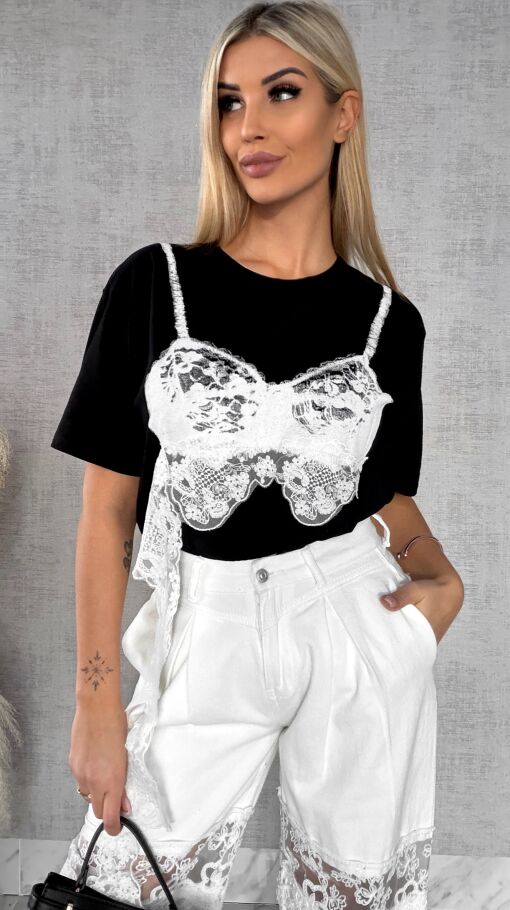 Bawełniana czarna bluzka T-SHIRT z białą koronką ONE SIZE - R484