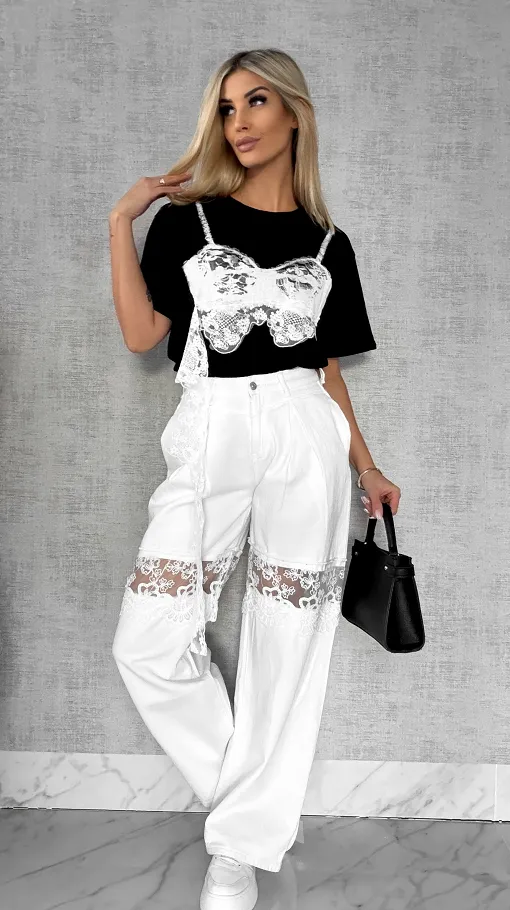 Bawełniana czarna bluzka T-SHIRT z białą koronką ONE SIZE - R484