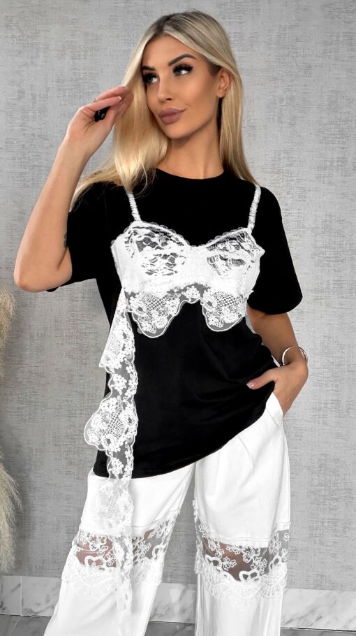 Bawełniana czarna bluzka T-SHIRT z białą koronką ONE SIZE - R484