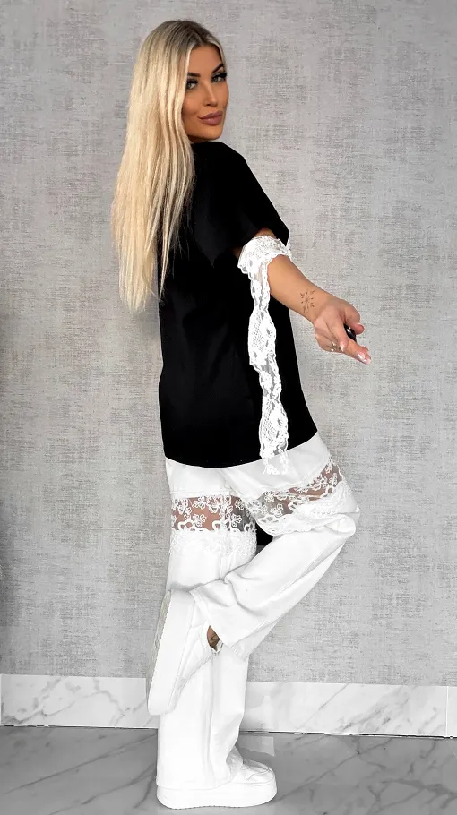 Bawełniana czarna bluzka T-SHIRT z białą koronką ONE SIZE - R484