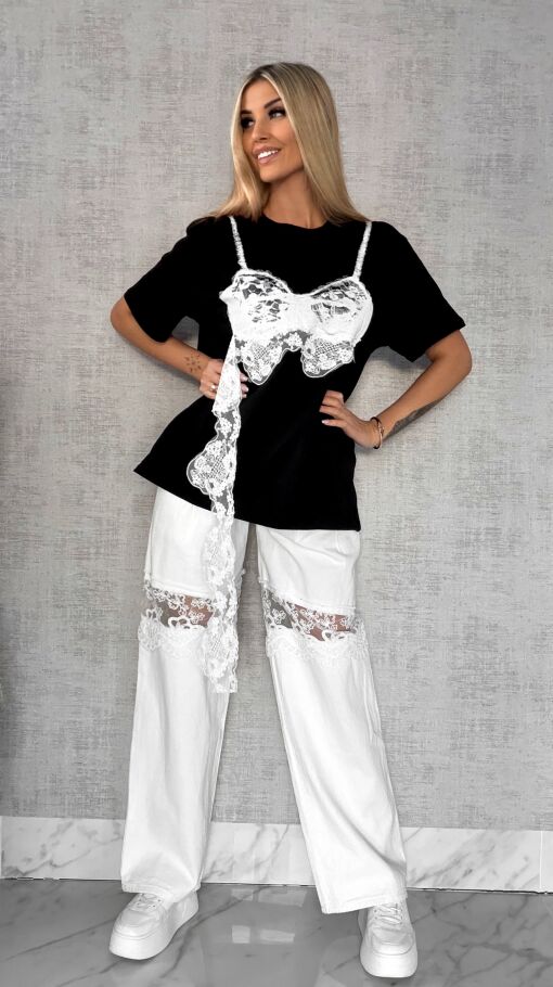 Bawełniana czarna bluzka T-SHIRT z białą koronką ONE SIZE - R484