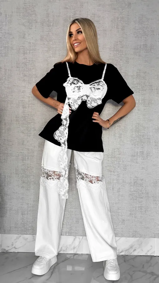 Bawełniana czarna bluzka T-SHIRT z białą koronką ONE SIZE - R484