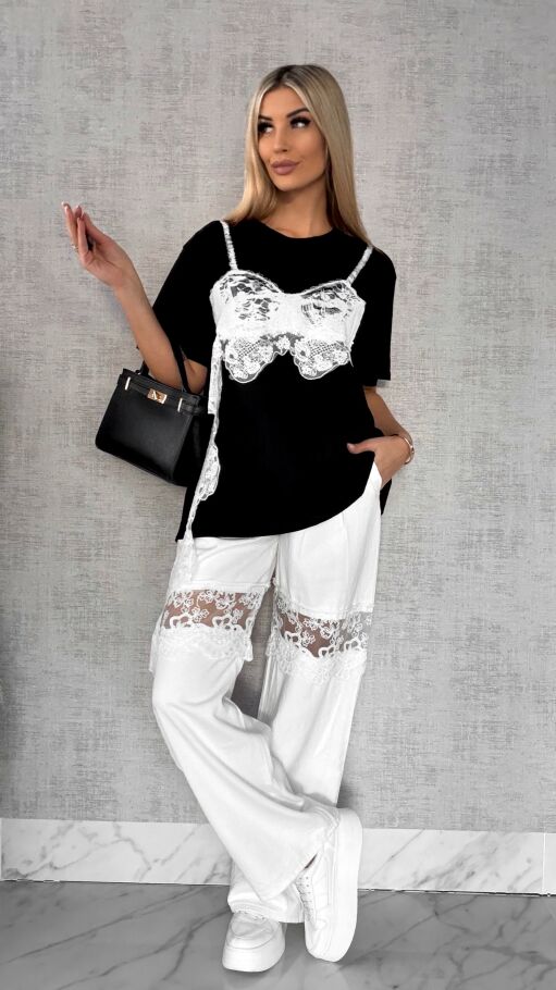 Bawełniana czarna bluzka T-SHIRT z białą koronką ONE SIZE - R484