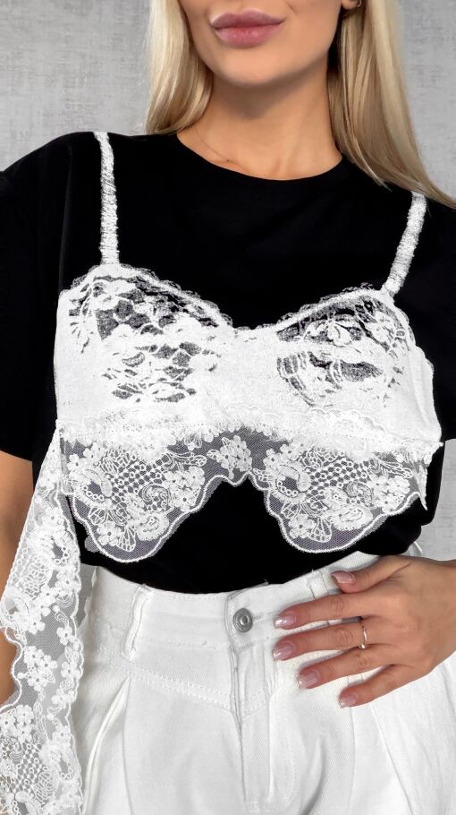 Bawełniana czarna bluzka T-SHIRT z białą koronką ONE SIZE - R484