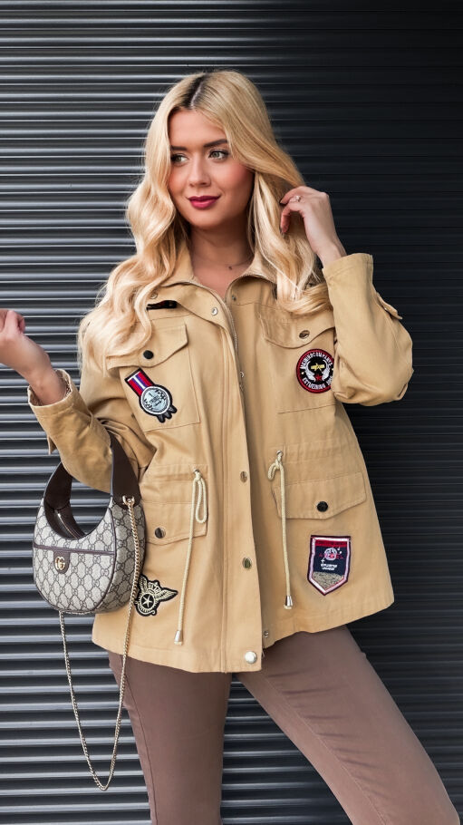 Miodowa kurtka jeansowa w stylu MILITARY - R267A