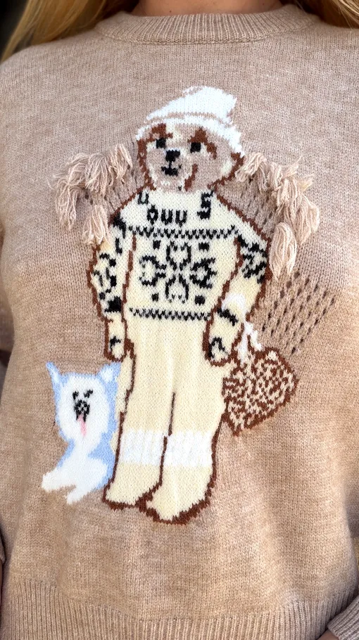 Klasyczny sweter z misiem w kolorze beżowym - R150