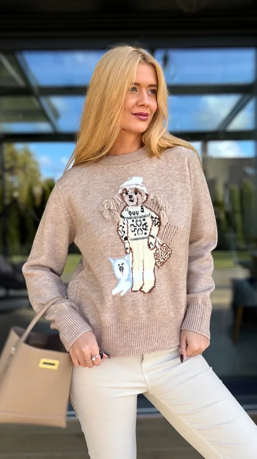 Klasyczny sweter z misiem w kolorze beżowym - R150
