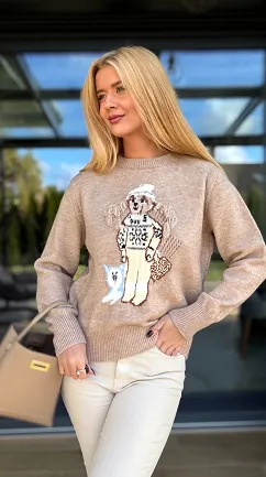 Klasyczny sweter z misiem w kolorze beżowym - R150
