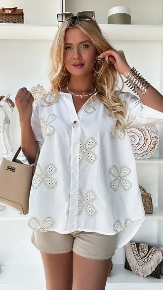 Biała bawełniana bluzka w haftowane złote kwiaty ONE SIZE - P826