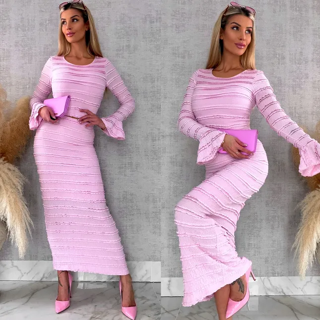 Wiosenny elastyczny komplet bluzka + midi spódnica ONE SIZE róż - R671