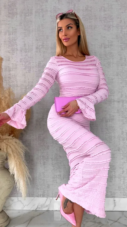 Wiosenny elastyczny komplet bluzka + midi spódnica ONE SIZE róż - R671